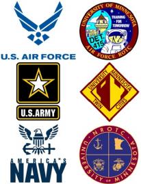 Logos of University ROTC programs - Air Force, Army, and Navy