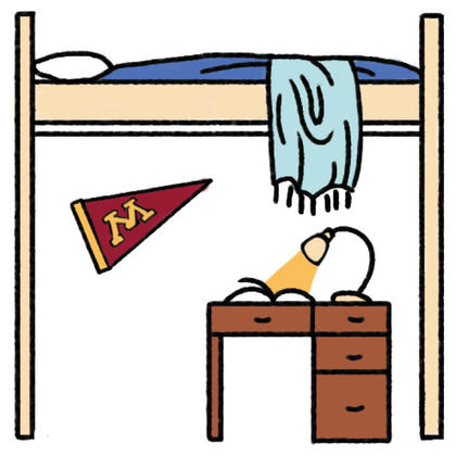 Room illustration showing a lofted bed with a desk underneath it