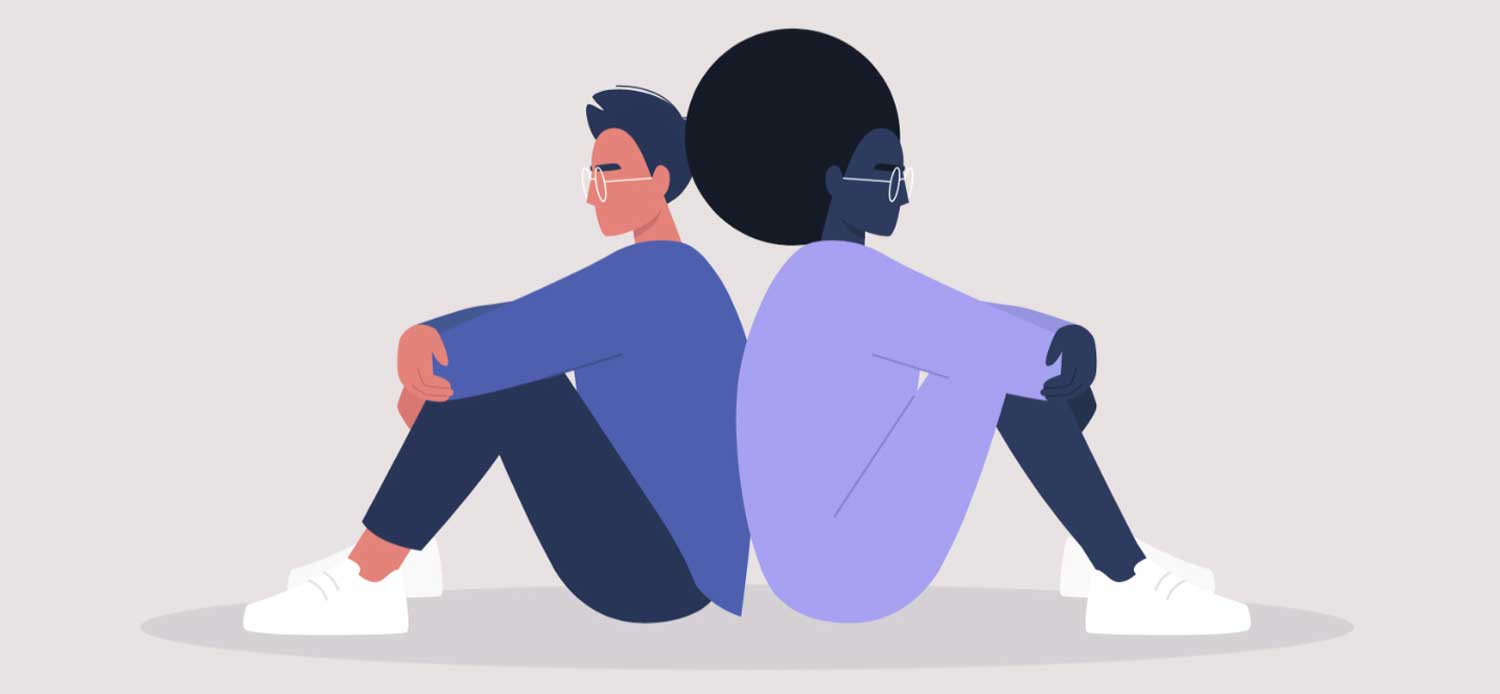Illustration of two people sitting back to back on the floor