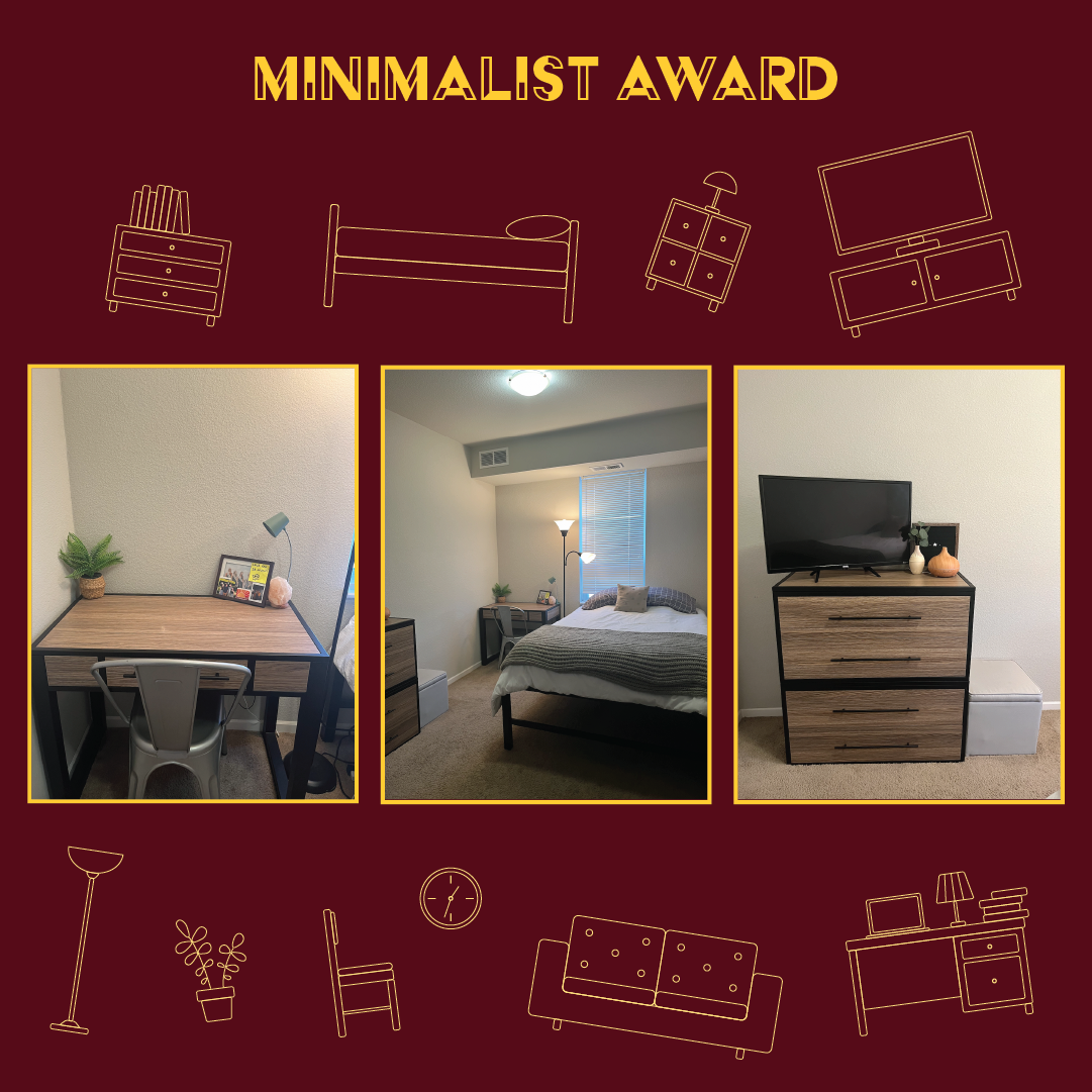 A collage of 3 pictures showing the winning room for the Minimalist Award. Words: "Minimalist Award"