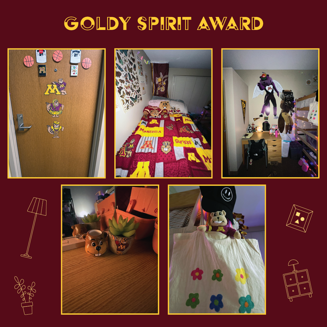 A collage of 5 pictures showing the winning room of the Goldy Spirit Award. Word: Goldy Spirit Award