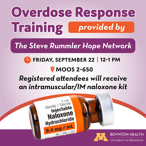 A bottle of Naloxone Hydrochloride is shown on its side under the words "Overdose Response Training"