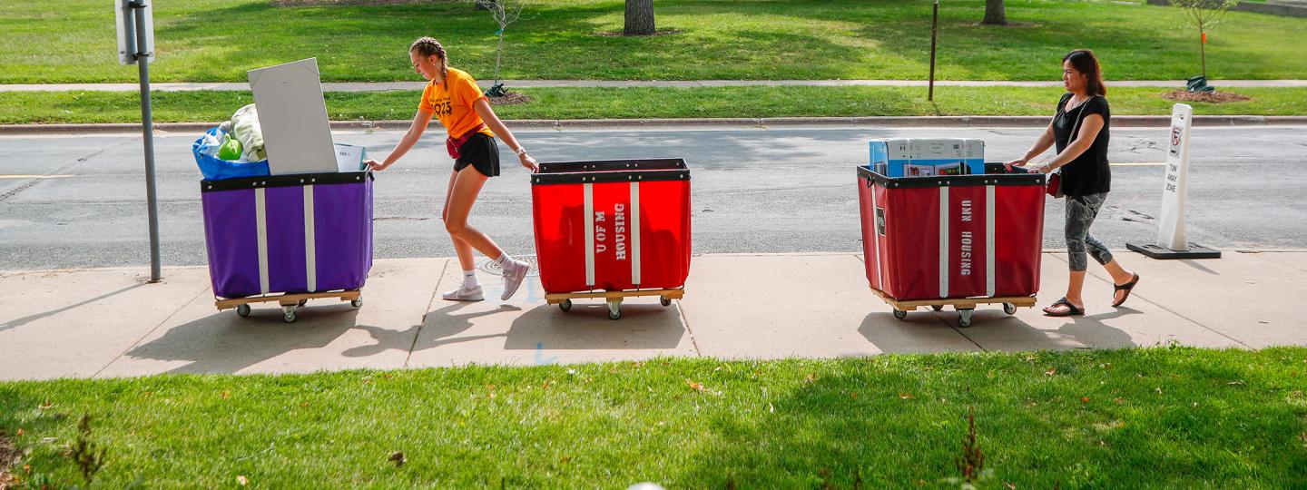 two people pushing moving carts