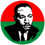 A stylized black-and-white portrait of Rev. Dr. Martin Luther King Jr on a Pan-African red and green background.