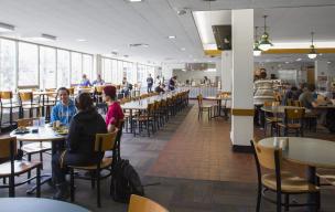 Bailey Hall's dining hall has large windows with a lot of natural light.