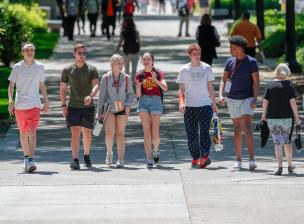 Group of students walk along the mall on a sunny day.