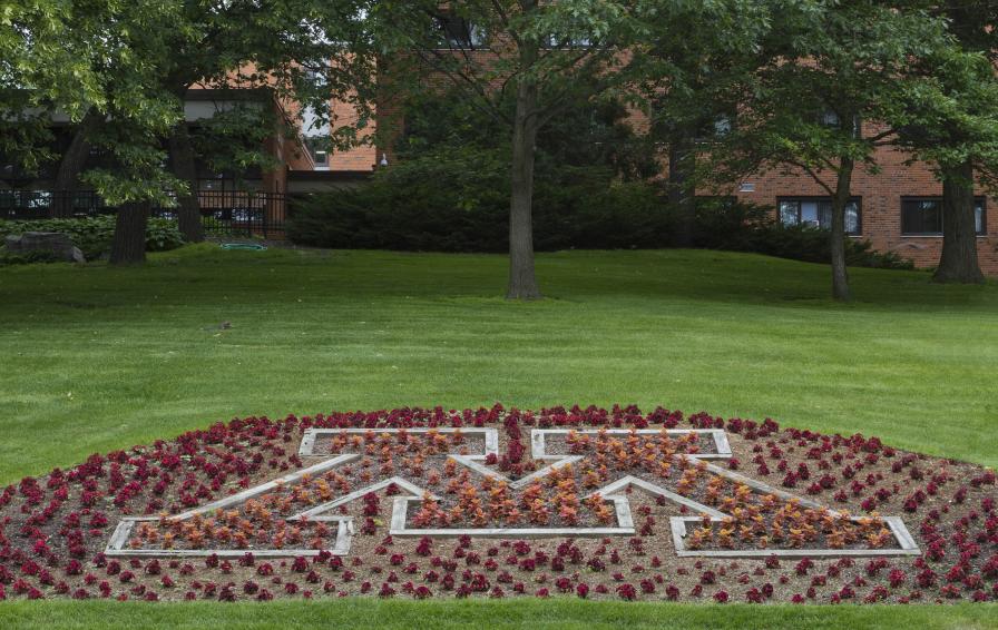 Flowers shaped into a U of M logo outside Bailey