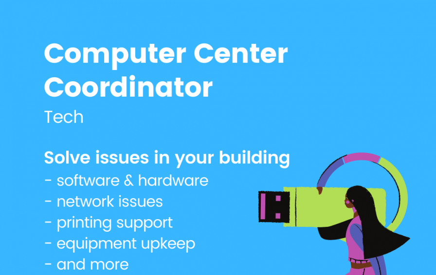 Illustration of a person holding a giant USB drive with a summary of the Computer Center Coordinator role