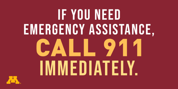 Text on a maroon background stating, "If you need emergency assistance, call 911 immediately." A gold M is undereath.